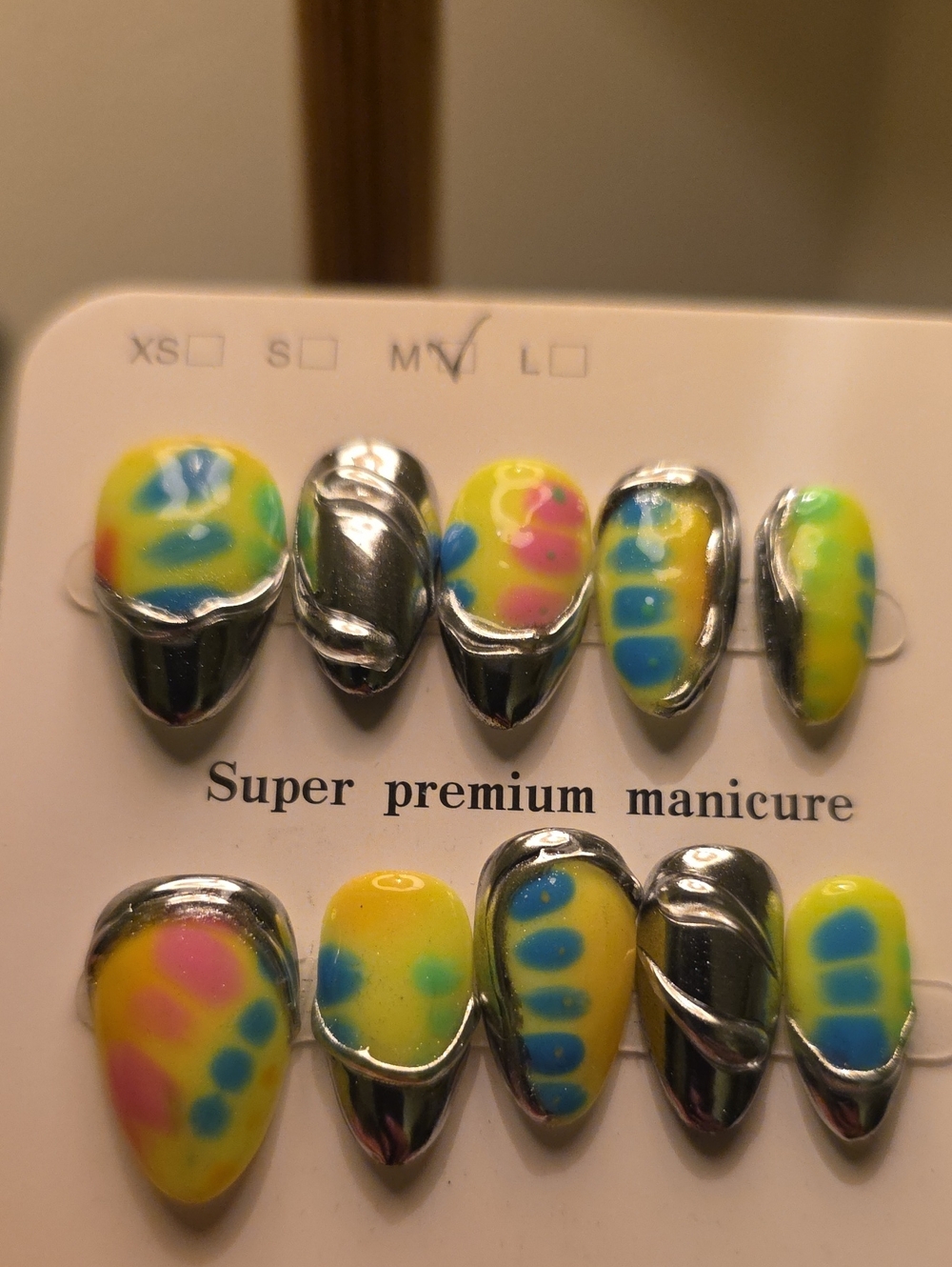 Press-On Nail Set - Yellow Multi-Color Super Premium Manicure Size Med